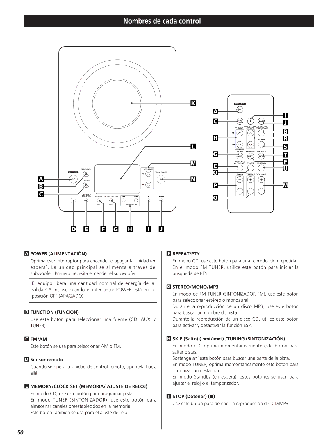 Teac MC-DX20 owner manual Nombres de cada control, Power Alimentación, Function Función 