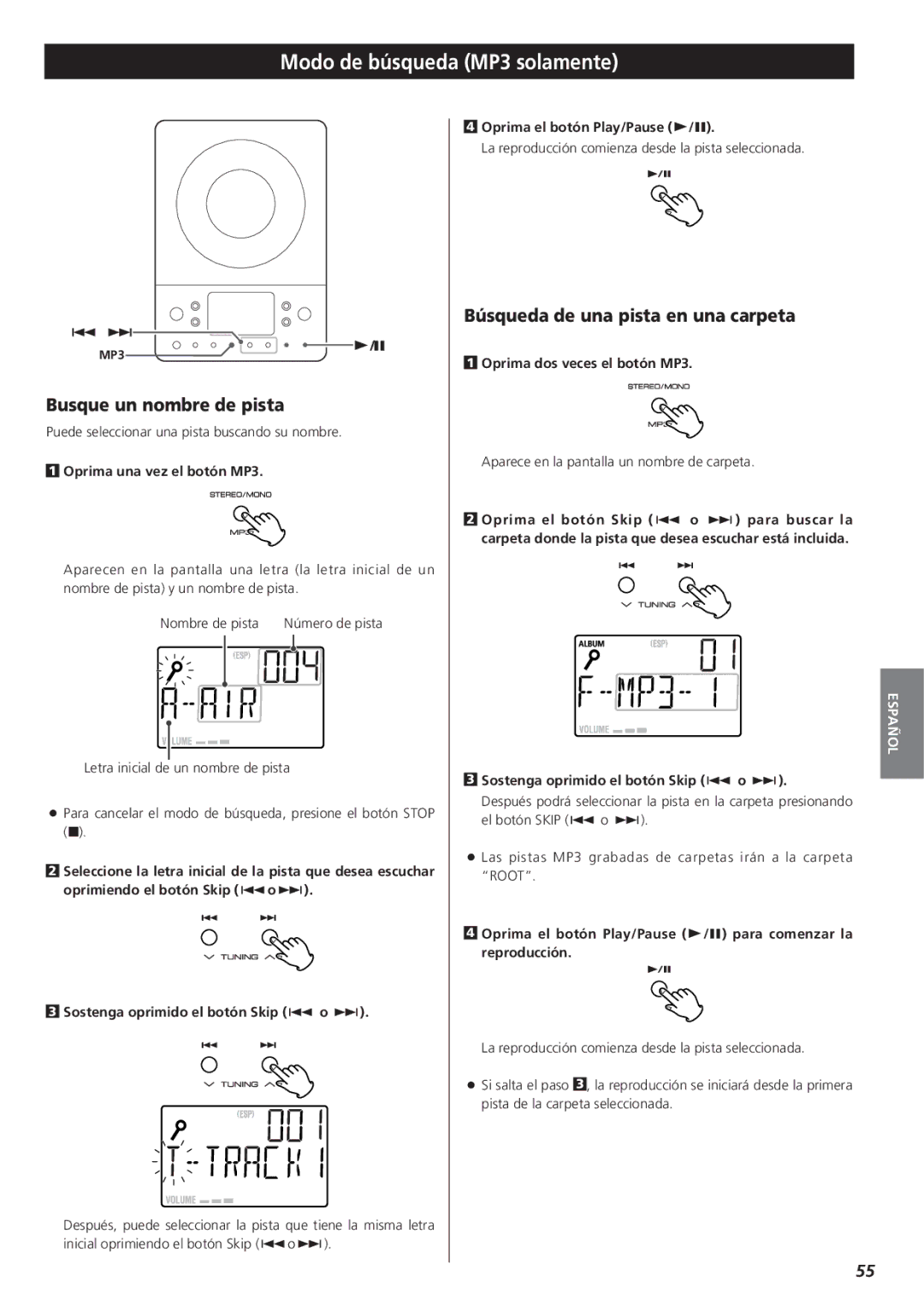 Teac MC-DX20 owner manual Modo de búsqueda MP3 solamente, Busque un nombre de pista, Búsqueda de una pista en una carpeta 