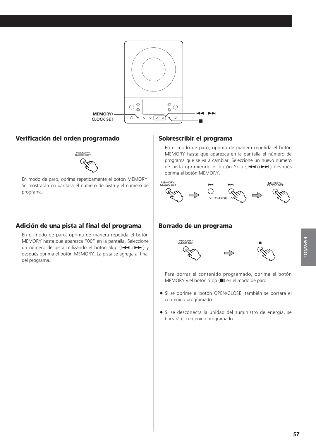 Teac MC-DX20 Verificación del orden programado, Adición de una pista al final del programa, Sobrescribir el programa 