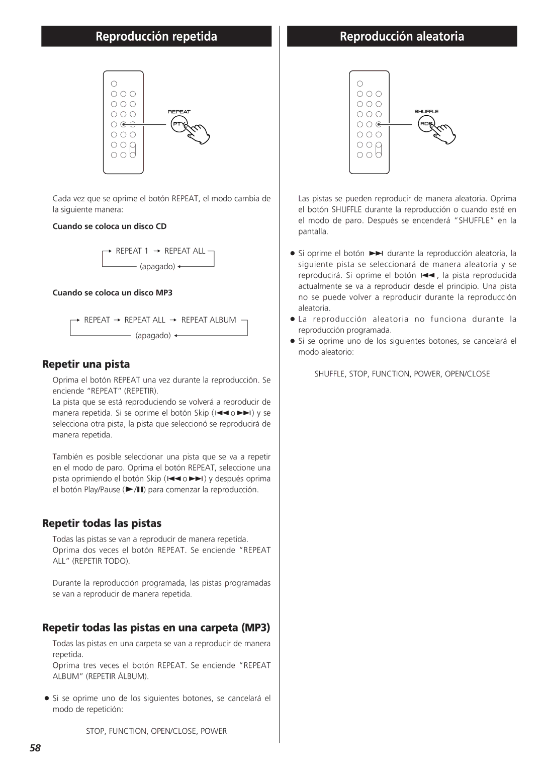 Teac MC-DX20 owner manual Reproducción repetida, Reproducción aleatoria, Repetir una pista, Repetir todas las pistas 