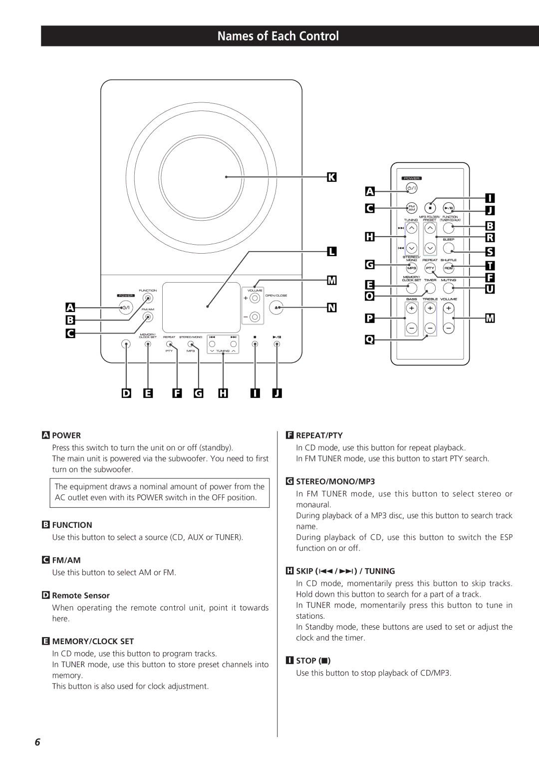 Teac MC-DX20 owner manual Names of Each Control 