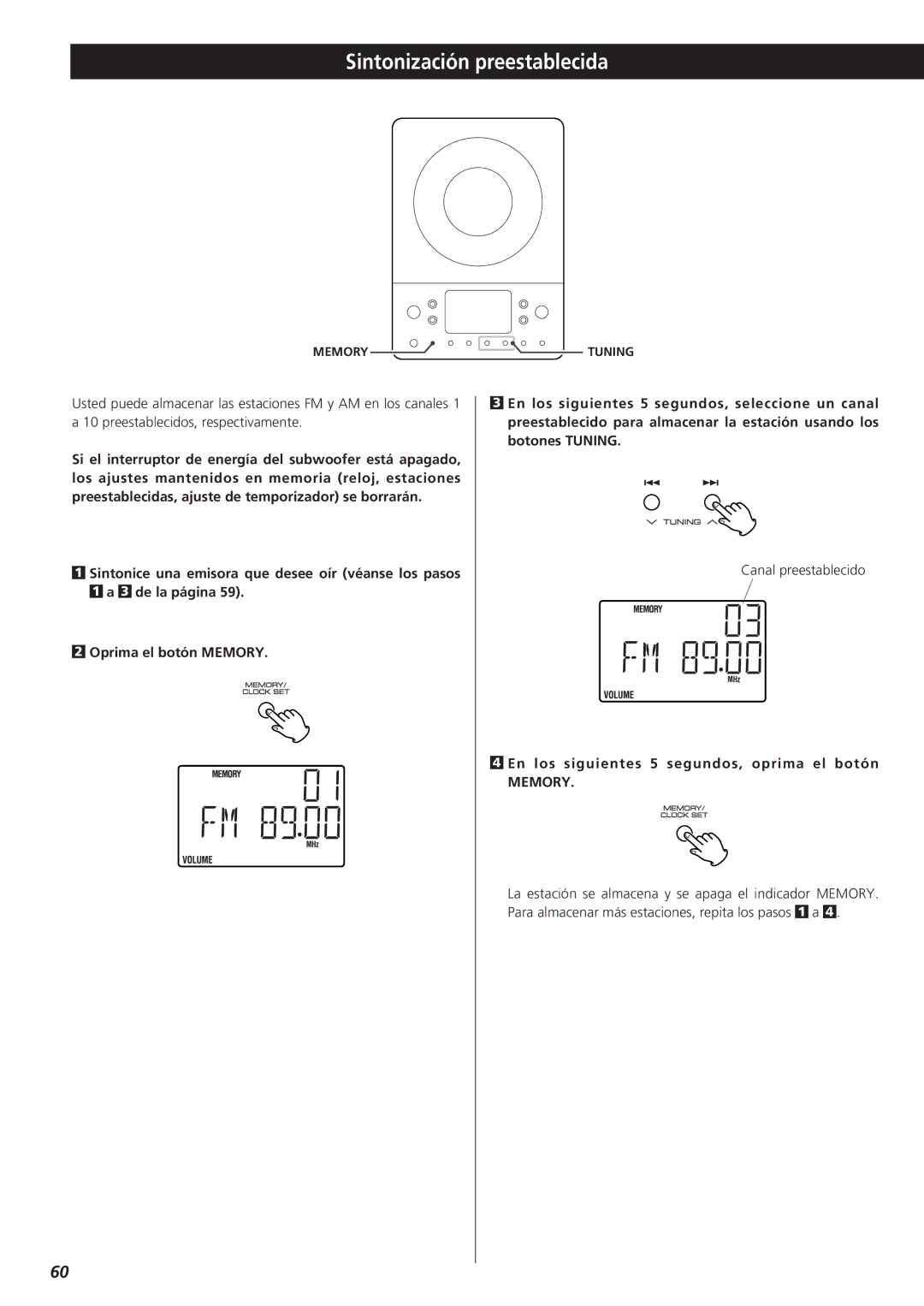 Teac MC-DX20 owner manual Sintonización preestablecida, En los siguientes 5 segundos, oprima el botón 