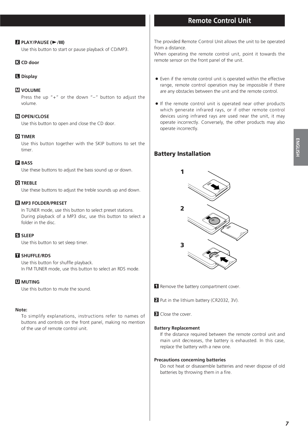 Teac MC-DX20 owner manual Remote Control Unit, Battery Installation 