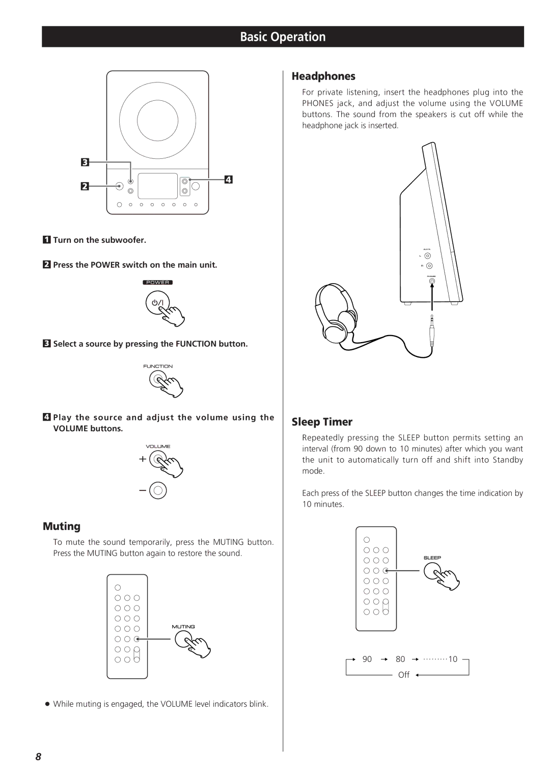 Teac MC-DX20 owner manual Basic Operation, Muting, Headphones, Sleep Timer 