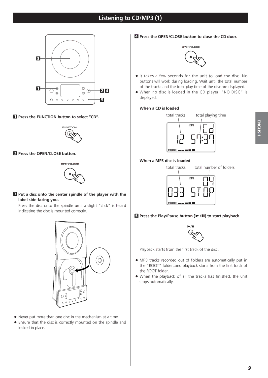 Teac MC-DX20 owner manual Listening to CD/MP3, Press the OPEN/CLOSE button to close the CD door, When a CD is loaded 