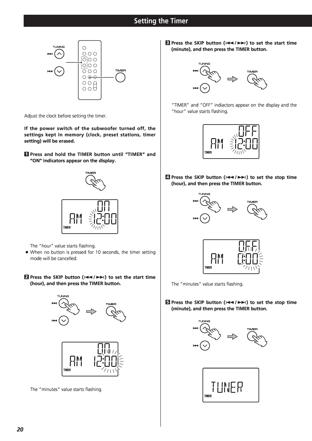 Teac MC-DX20 owner manual Setting the Timer 
