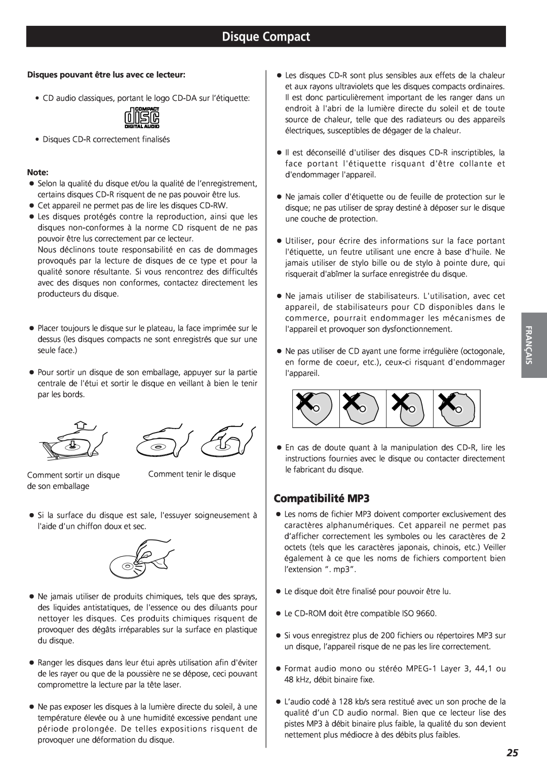 Teac MC-DX20 owner manual Disque Compact, Compatibilité MP3, Français 