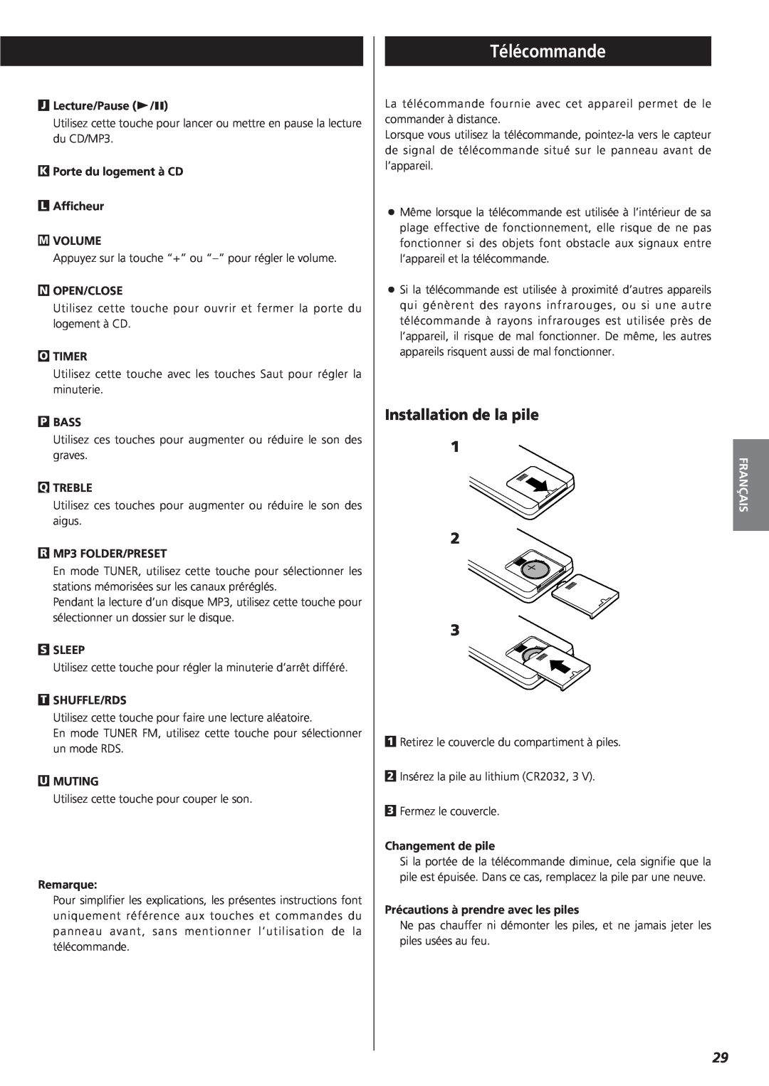 Teac MC-DX20 owner manual Télécommande, Installation de la pile 2, Français 