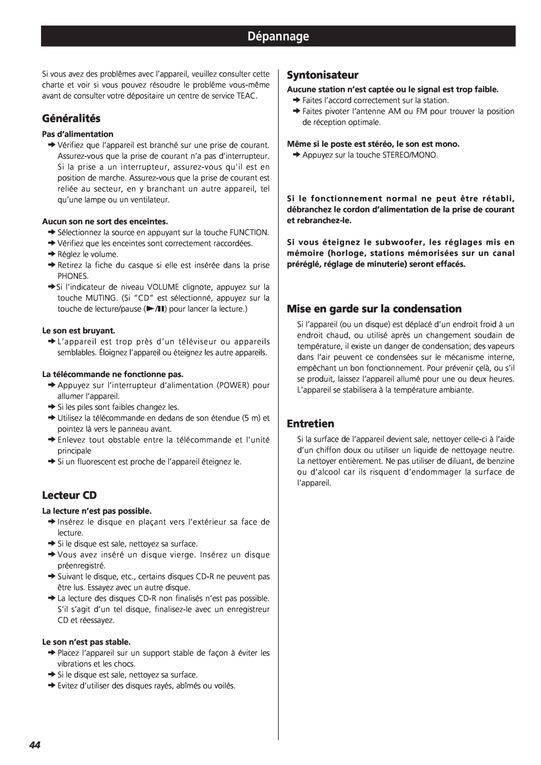 Teac MC-DX20 owner manual Dépannage, Généralités, Lecteur CD, Syntonisateur, Mise en garde sur la condensation, Entretien 