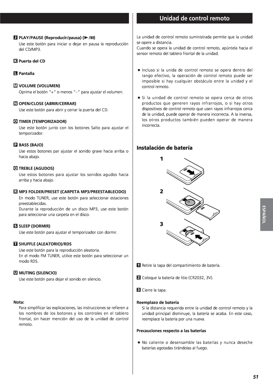 Teac MC-DX20 owner manual Unidad de control remoto, Instalación de batería, Español 