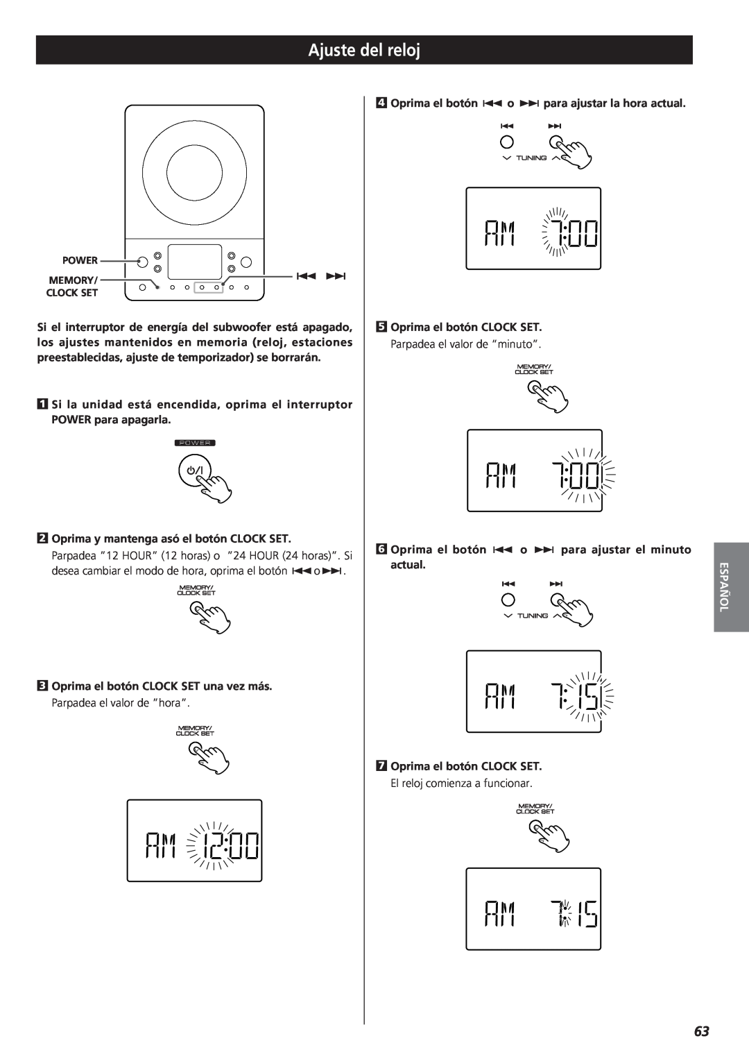Teac MC-DX20 owner manual Ajuste del reloj, Español 