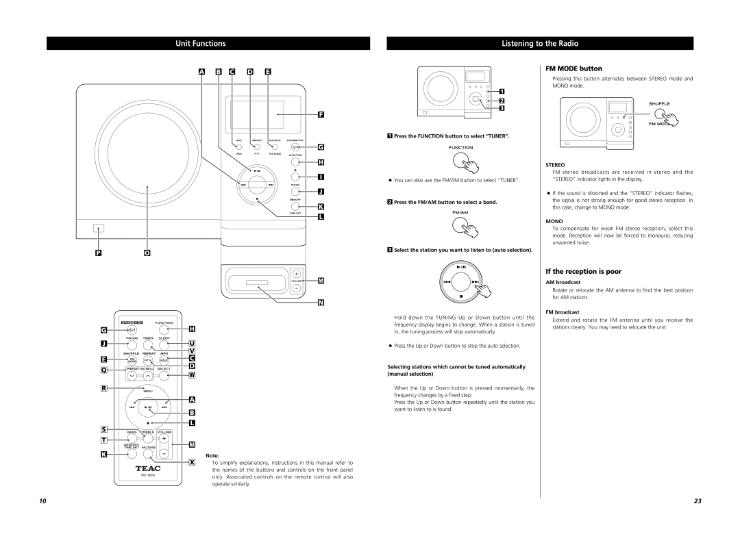 Teac MC-DX220i owner manual Unit Functions Listening to the Radio, FM Mode button, If the reception is poor, Stereo, Mono 