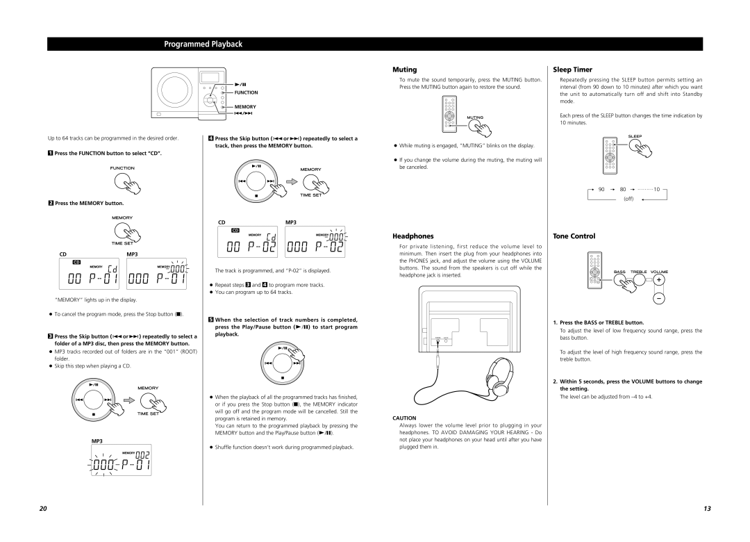 Teac Micro Hi-Fi System, MC-DX220i owner manual Programmed Playback, Muting, Sleep Timer, Headphones, Tone Control 