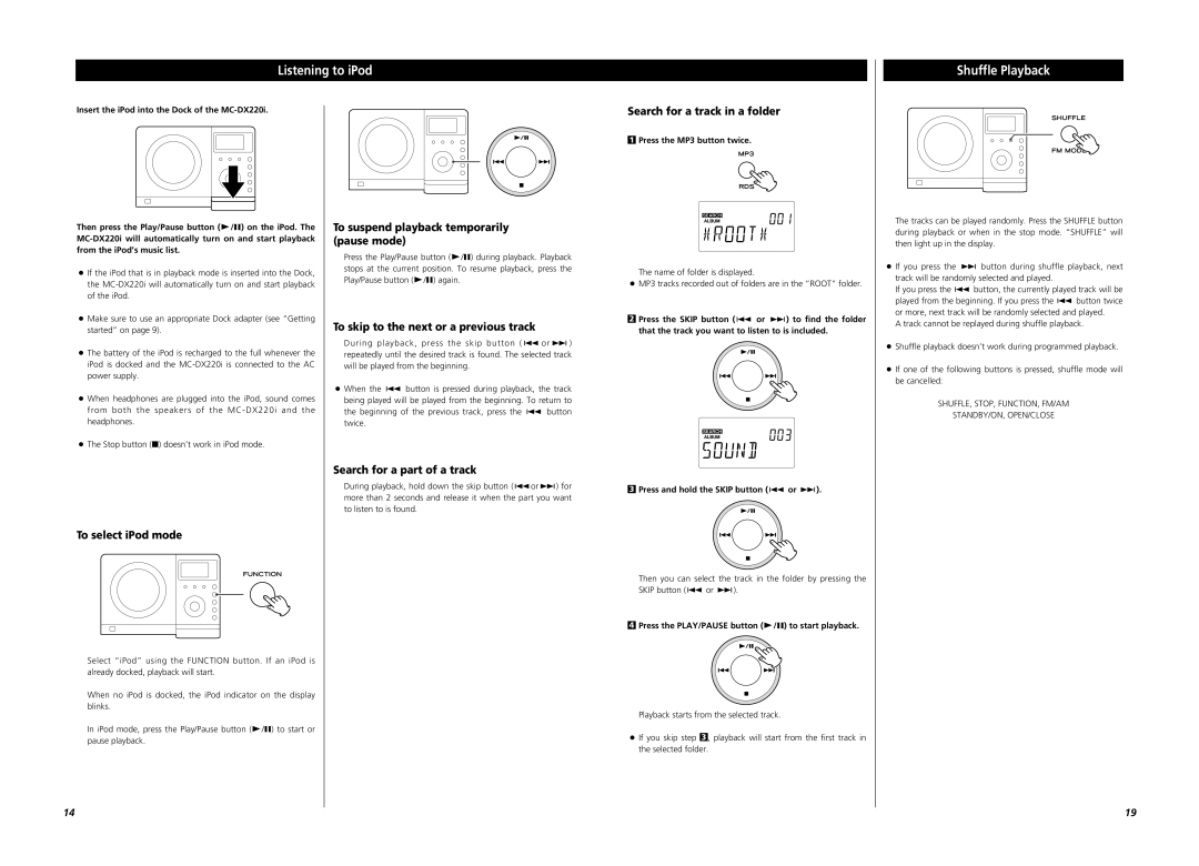 Teac MC-DX220i, Micro Hi-Fi System owner manual Listening to iPod Shuffle Playback 