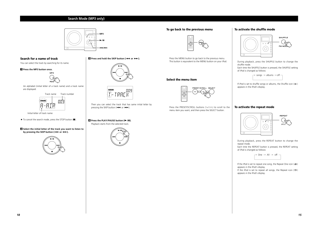 Teac Micro Hi-Fi System Search Mode MP3 only, Select the menu item, To activate the repeat mode, Press the MP3 button once 