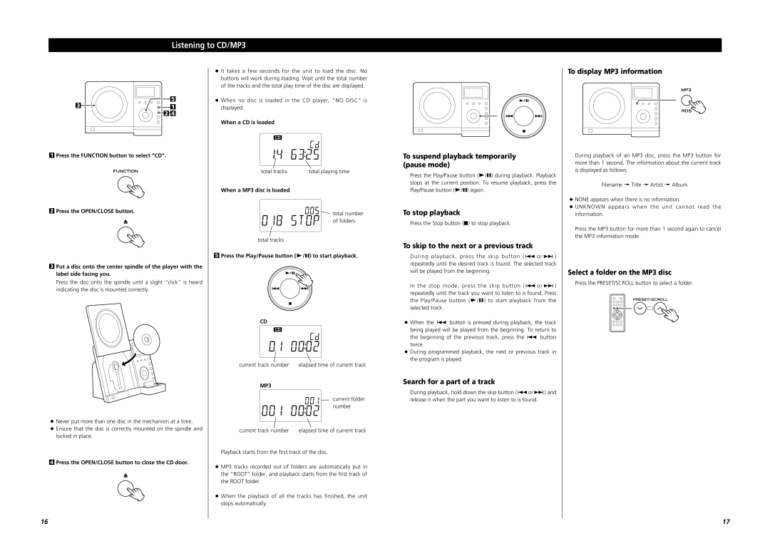 Teac MC-DX220i Listening to CD/MP3, To stop playback, To display MP3 information, Select a folder on the MP3 disc 