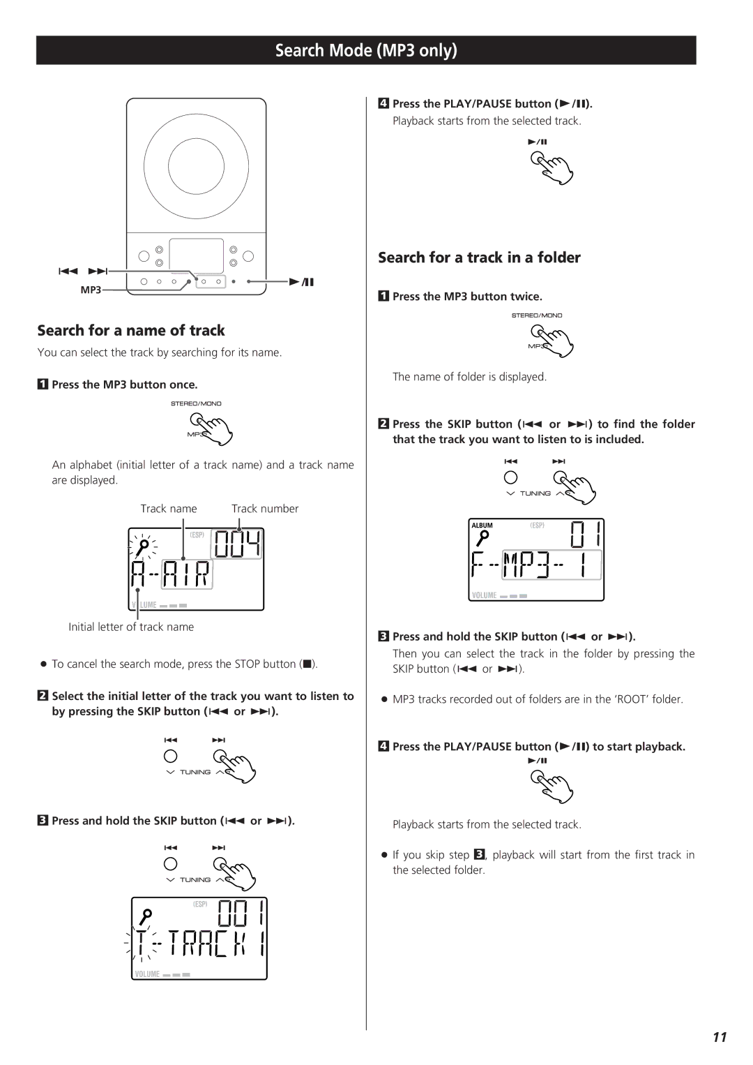 Teac MC-DX25 owner manual Search Mode MP3 only, Search for a name of track, Search for a track in a folder 