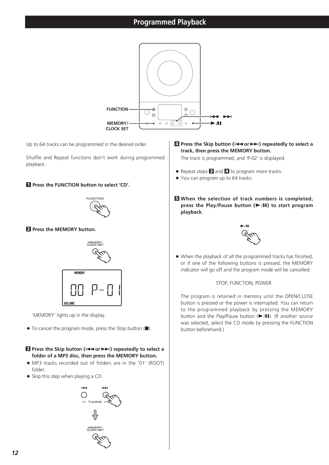 Teac MC-DX25 owner manual Programmed Playback, STOP, FUNCTION, Power 