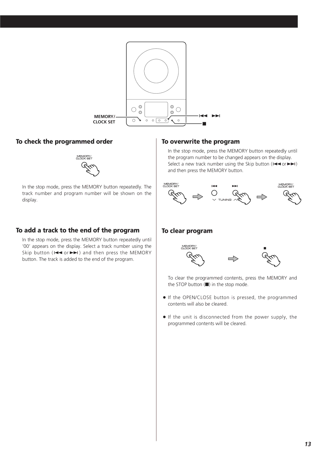 Teac MC-DX25 owner manual To check the programmed order, To add a track to the end of the program, To overwrite the program 