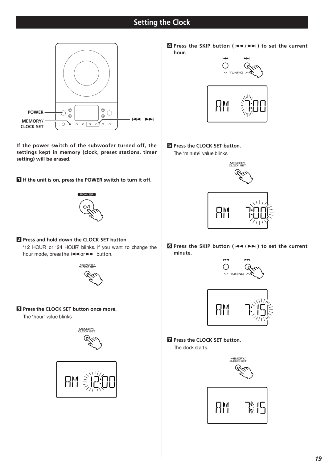 Teac MC-DX25 owner manual Setting the Clock 