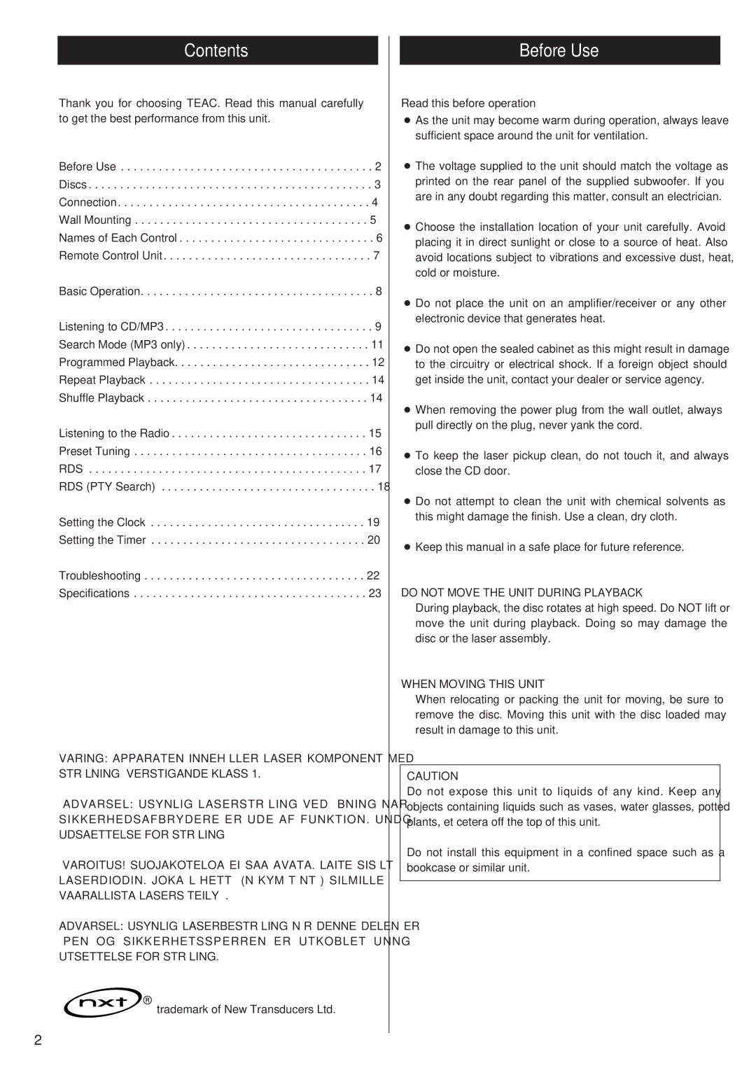 Teac MC-DX25 owner manual Contents, Before Use 