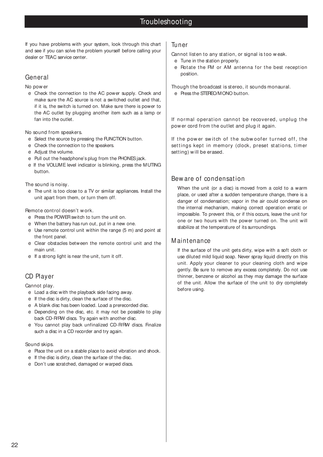 Teac MC-DX25 owner manual Troubleshooting 