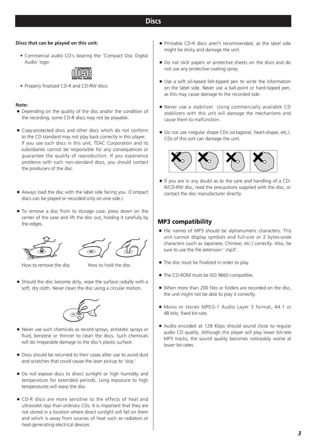 Teac MC-DX25 owner manual MP3 compatibility, Discs that can be played on this unit 