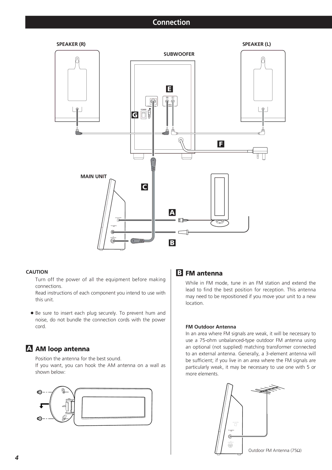 Teac MC-DX25 owner manual AM loop antenna, FM antenna, FM Outdoor Antenna 