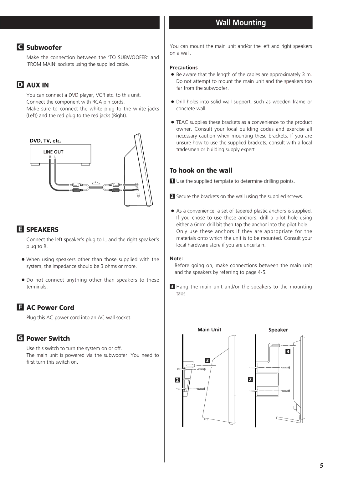 Teac MC-DX25 owner manual Wall Mounting, Subwoofer, AC Power Cord, Power Switch, To hook on the wall 