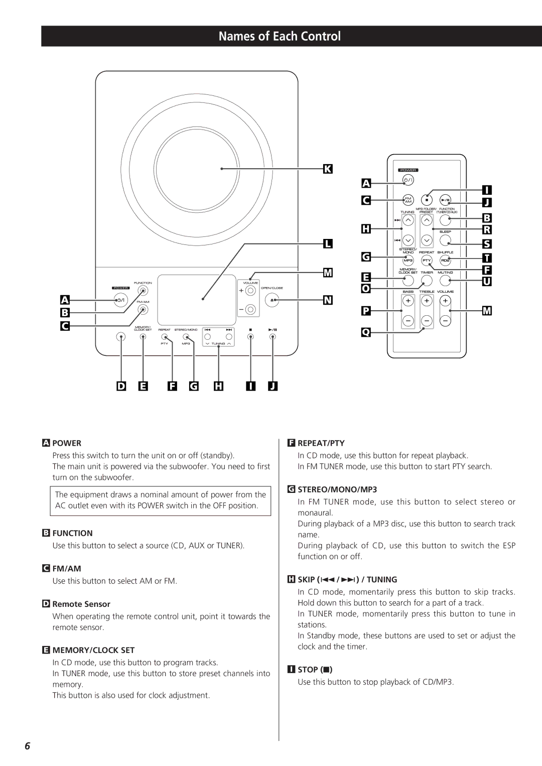 Teac MC-DX25 owner manual Names of Each Control 