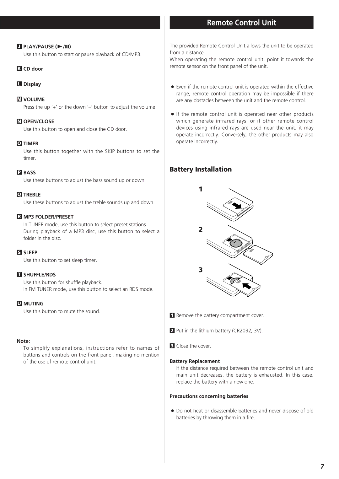 Teac MC-DX25 owner manual Remote Control Unit, Battery Installation 