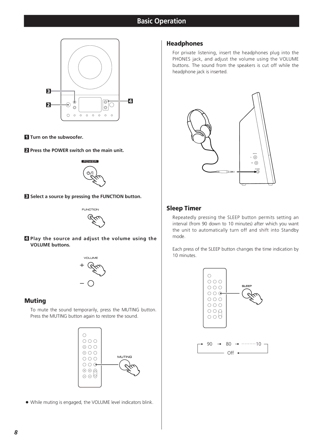 Teac MC-DX25 owner manual Basic Operation, Muting, Headphones, Sleep Timer 