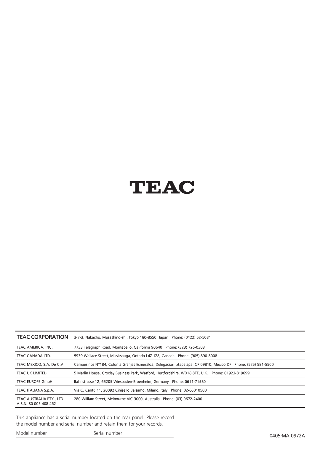 Teac MC-DX25 owner manual Teac Corporation, Model number, Serial number, 0405.MA-0972A 