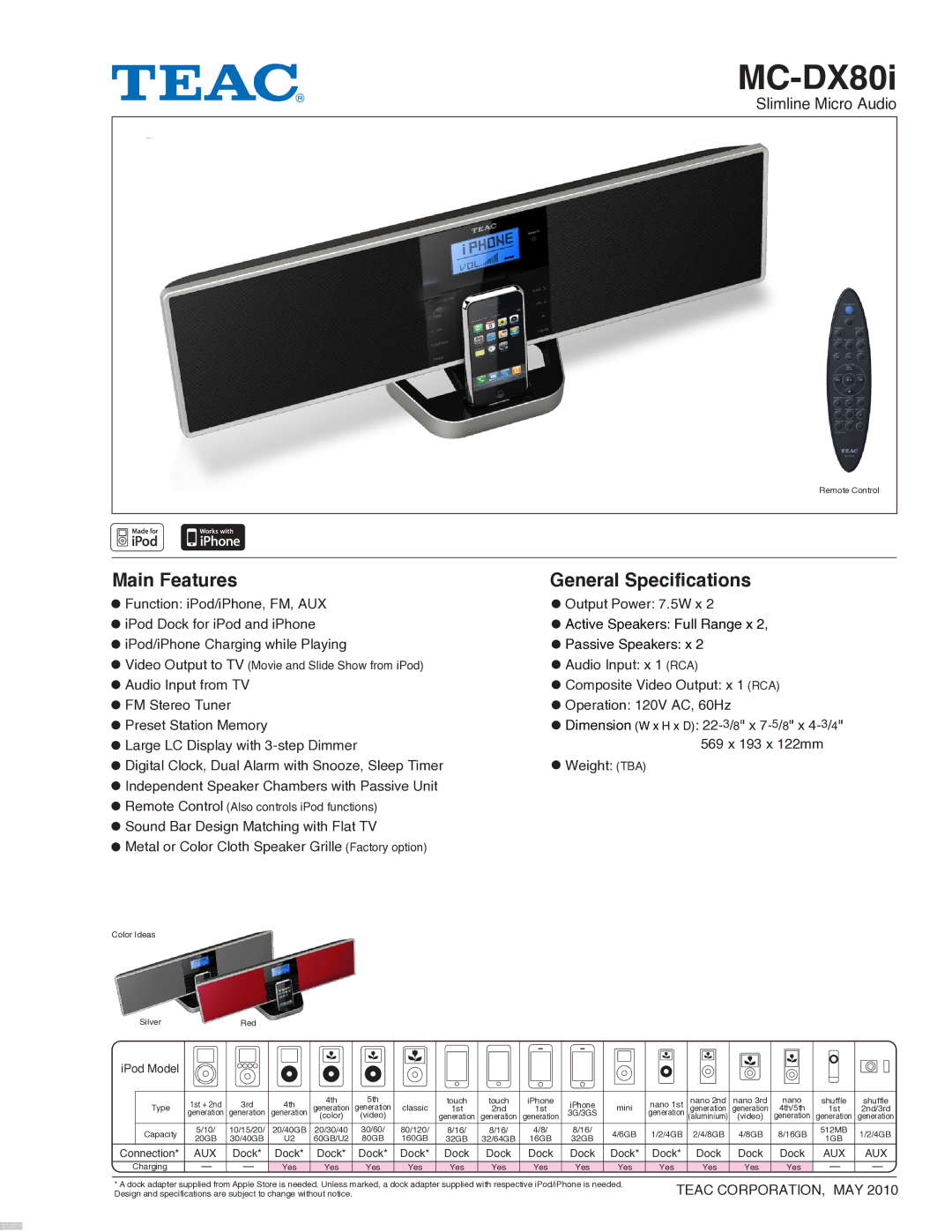 Teac MC-DX80i specifications Main Features General Specifications, Video Output to TV Movie and Slide Show from iPod 