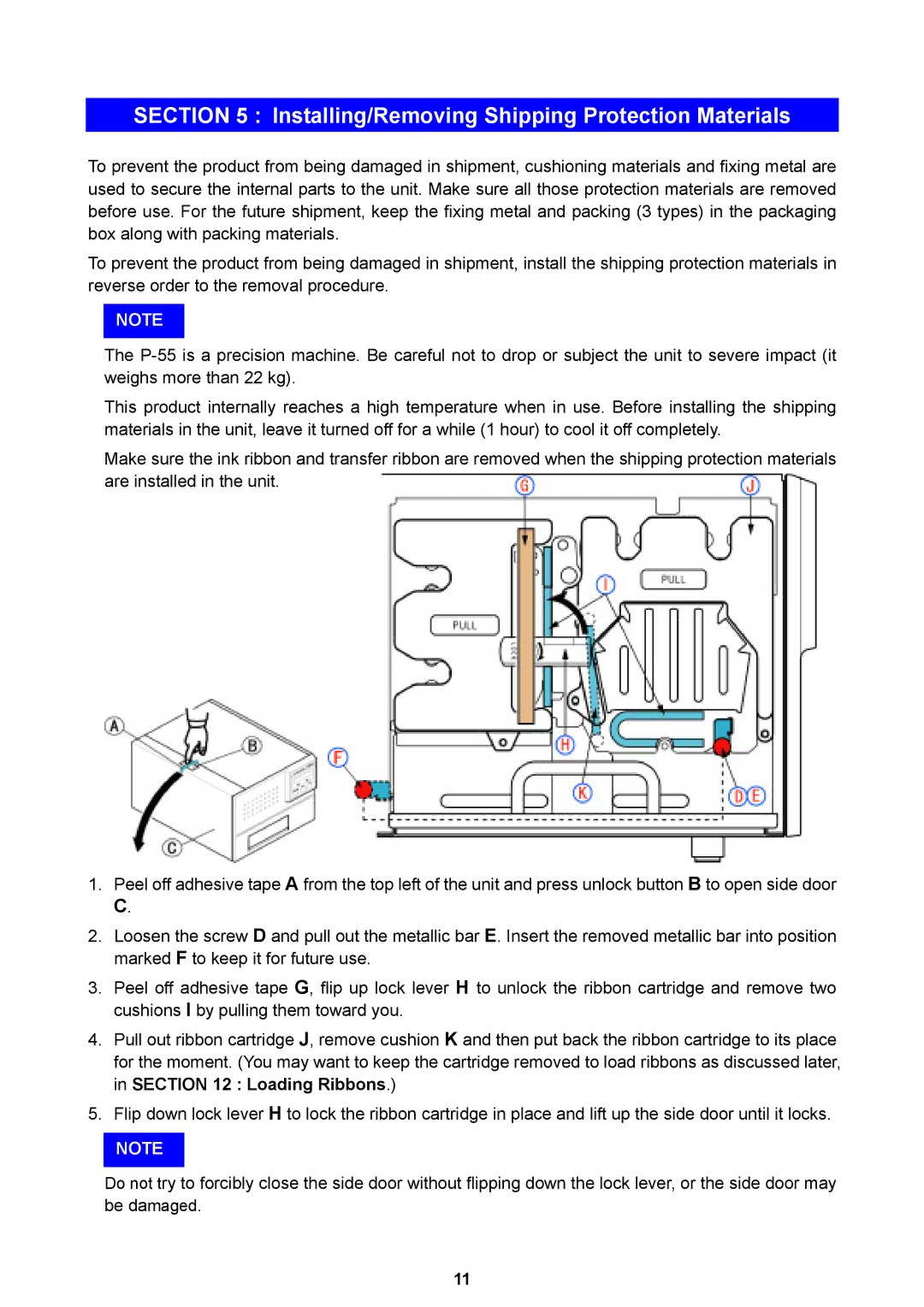 Teac P-55 instruction manual Installing/Removing Shipping Protection Materials 