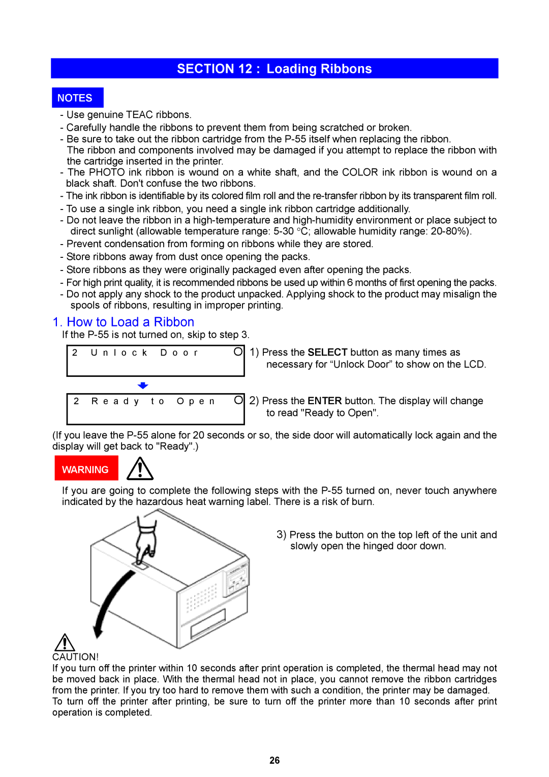 Teac P-55 instruction manual Loading Ribbons, How to Load a Ribbon 