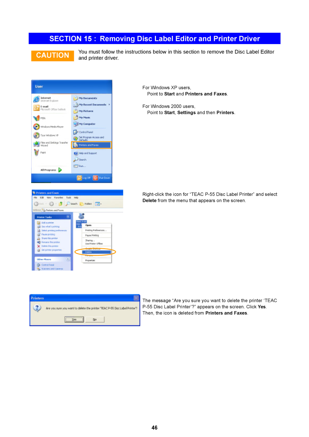 Teac P-55 instruction manual Removing Disc Label Editor and Printer Driver, Point to Start, Settings and then Printers 