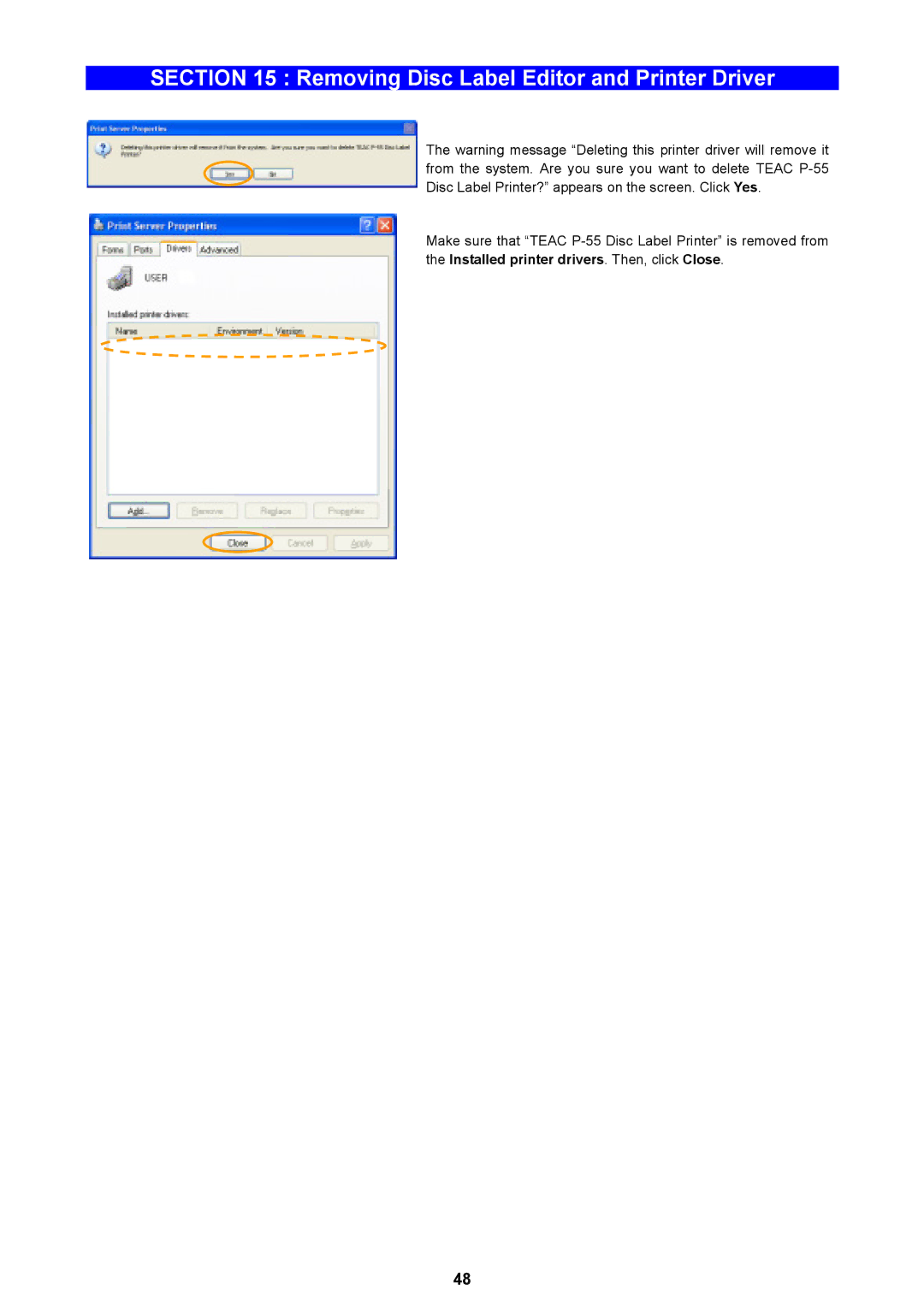 Teac P-55 instruction manual Removing Disc Label Editor and Printer Driver 