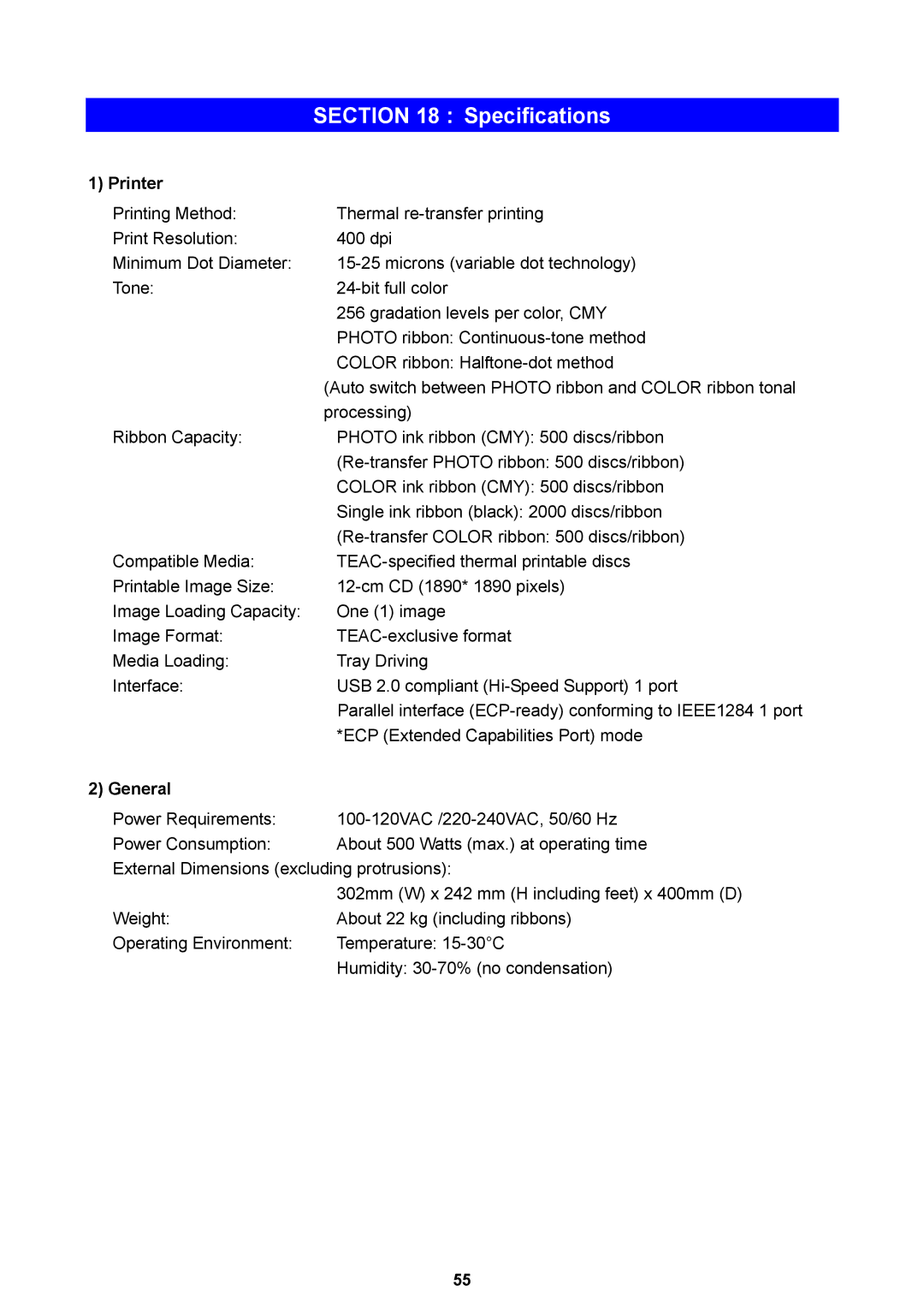 Teac P-55 instruction manual Specifications, Printer, General 