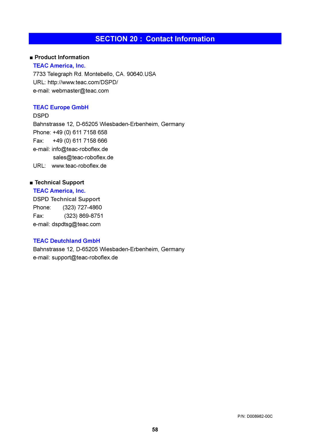 Teac P-55 instruction manual Contact Information, Product Information Teac America, Inc 