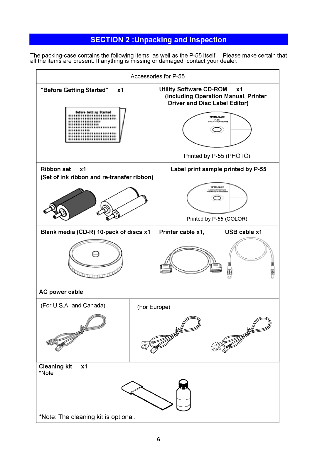 Teac P-55 instruction manual Unpacking and Inspection, Blank media CD-R 10-pack of discs Printer cable 