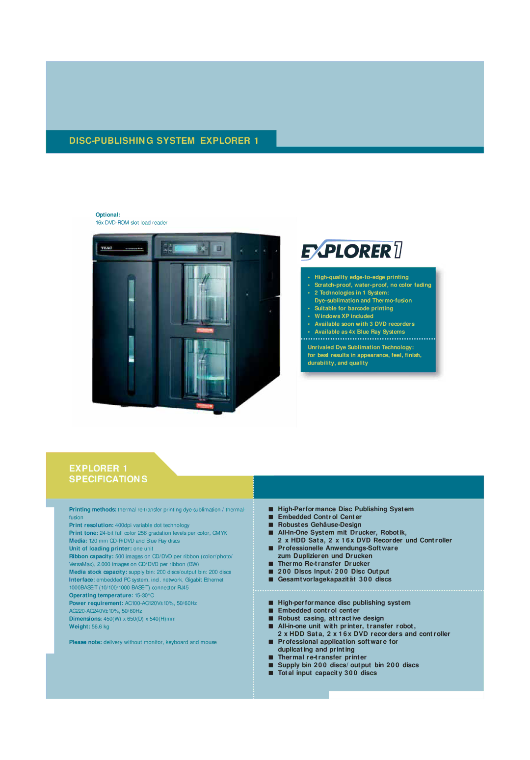 Teac P-55B manual DISC-PUBLISHING System Explorer, Explorer Specifications, Optional, Unit of loading printer one unit 