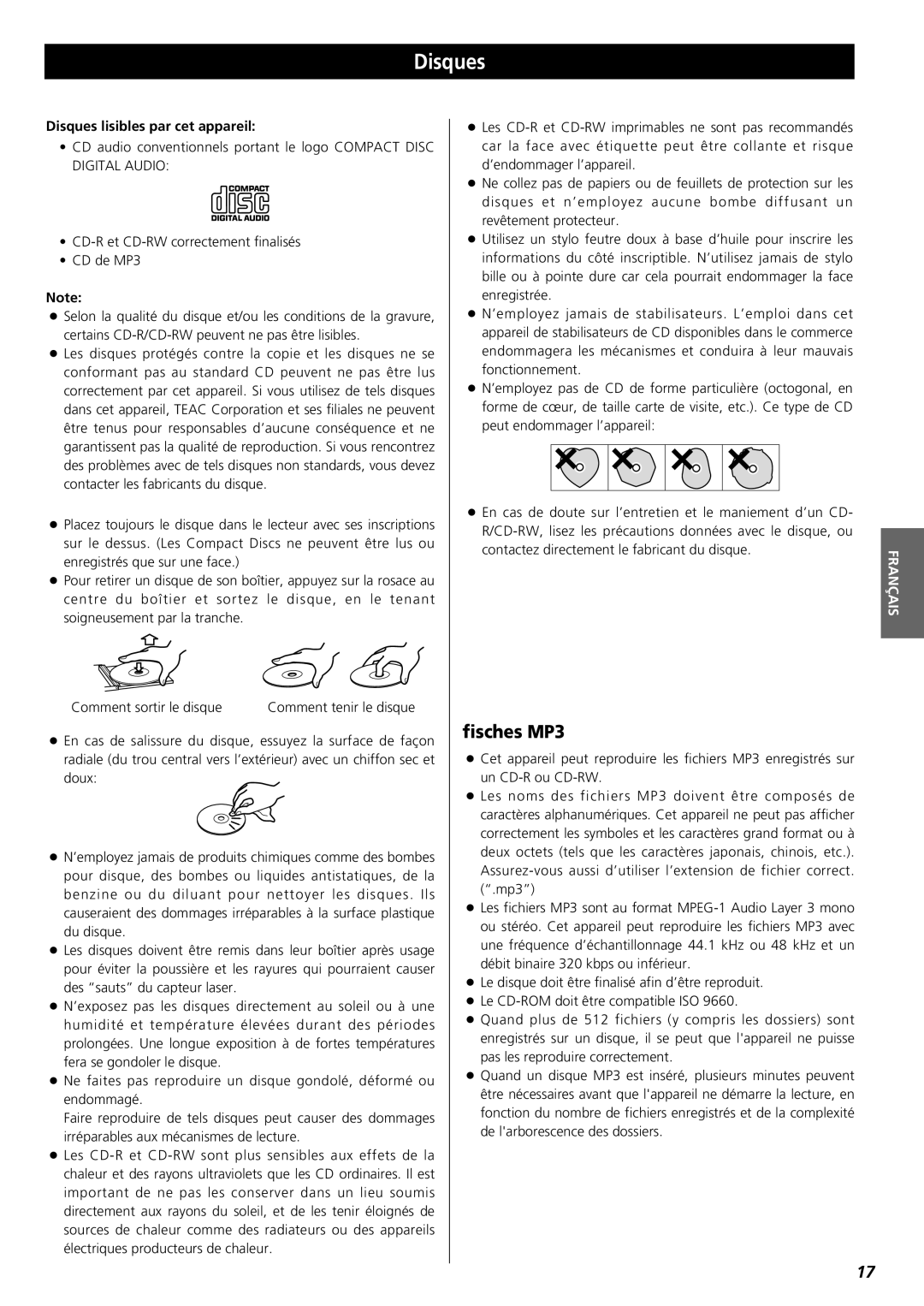 Teac PD-D2610 owner manual Disques, fisches MP3, Français 