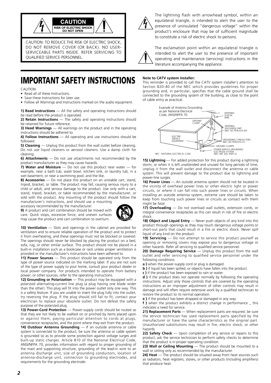 Teac PD-D2610 owner manual Important Safety Instructions, Note to CATV system installer 