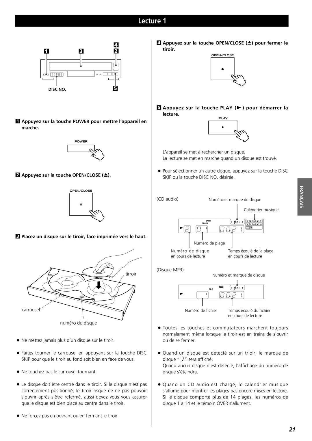 Teac PD-D2610 owner manual Lecture, Français 