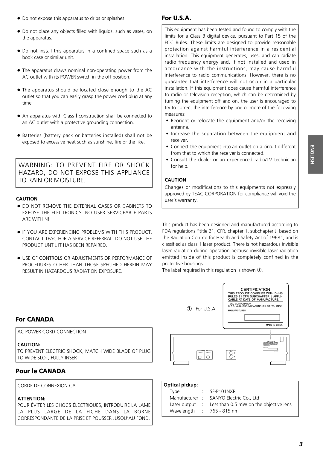 Teac PD-D2610 owner manual For CANADA, Pour le CANADA, For U.S.A, English 