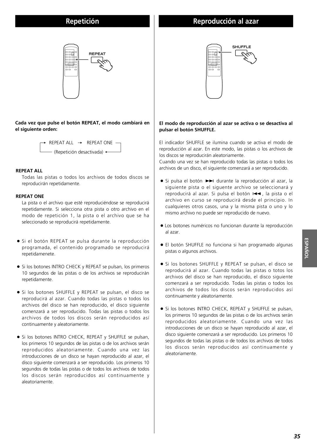 Teac PD-D2610 owner manual Repetición, Reproducción al azar, Repeat All, Repeat One, Español 