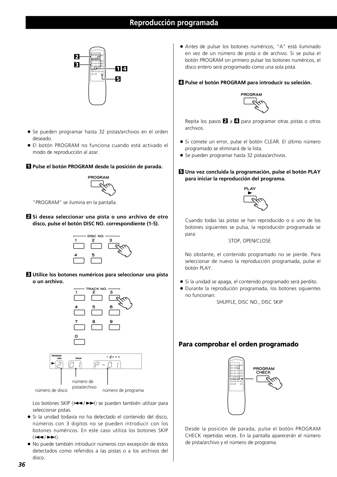 Teac PD-D2610 owner manual Reproducción programada, Para comprobar el orden programado 