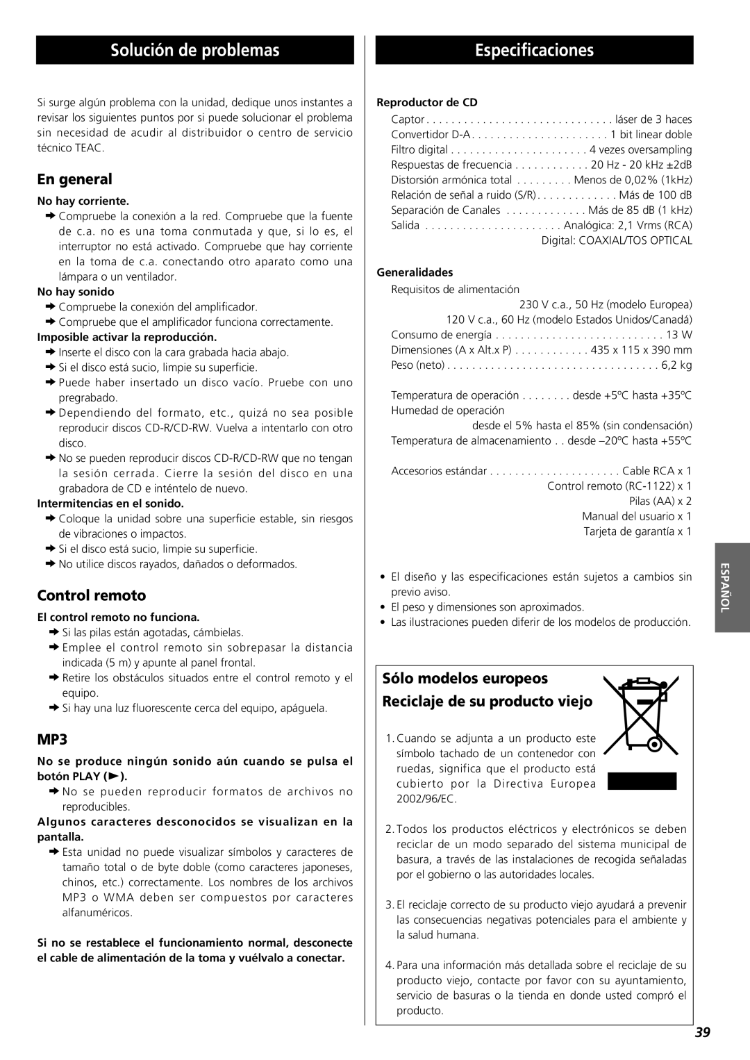 Teac PD-D2610 Solución de problemas, Especificaciones, En general, Control remoto, Sólo modelos europeos, Español 