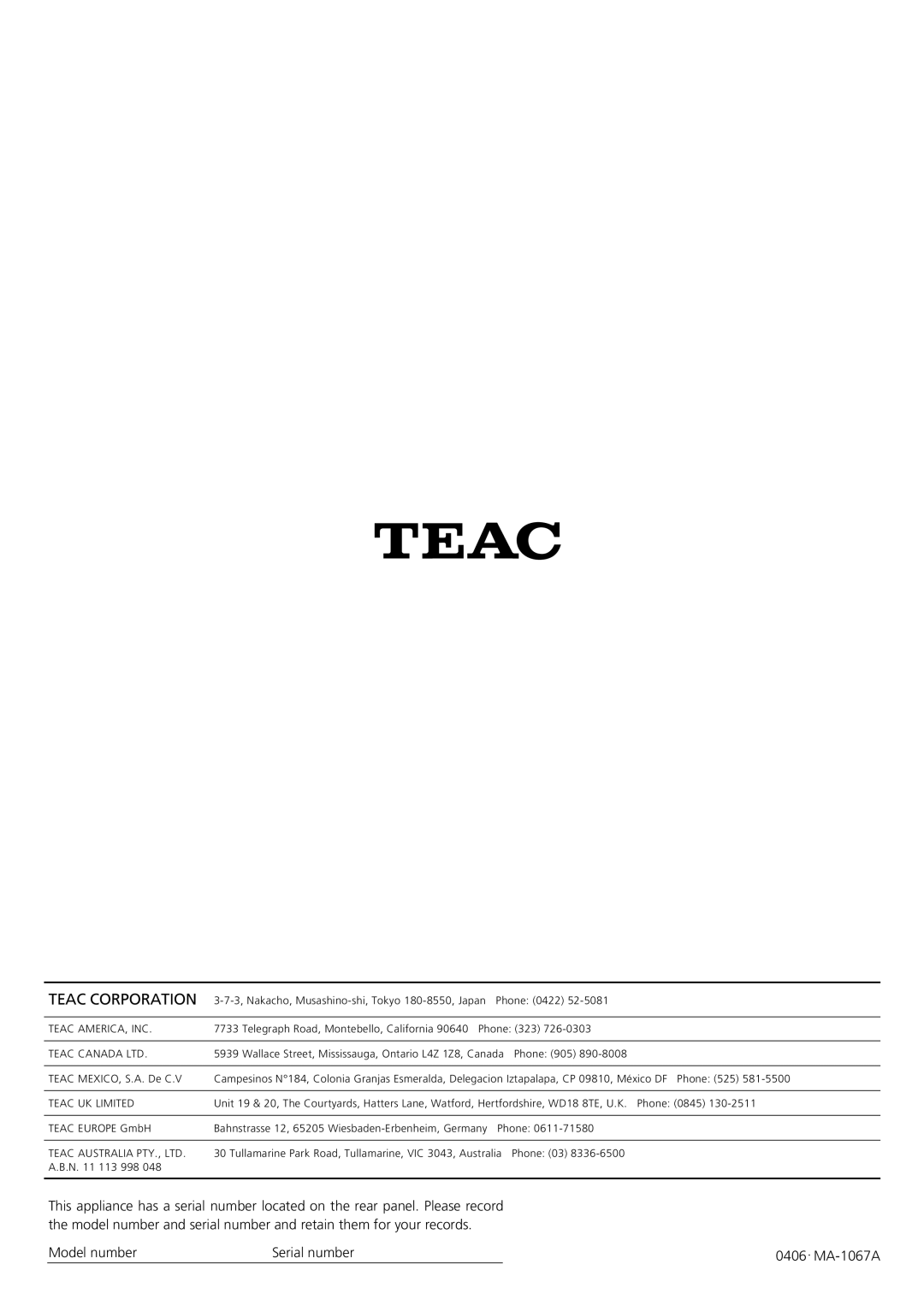 Teac PD-D2610 owner manual Teac Corporation, Model number, Serial number, MA-1067A 